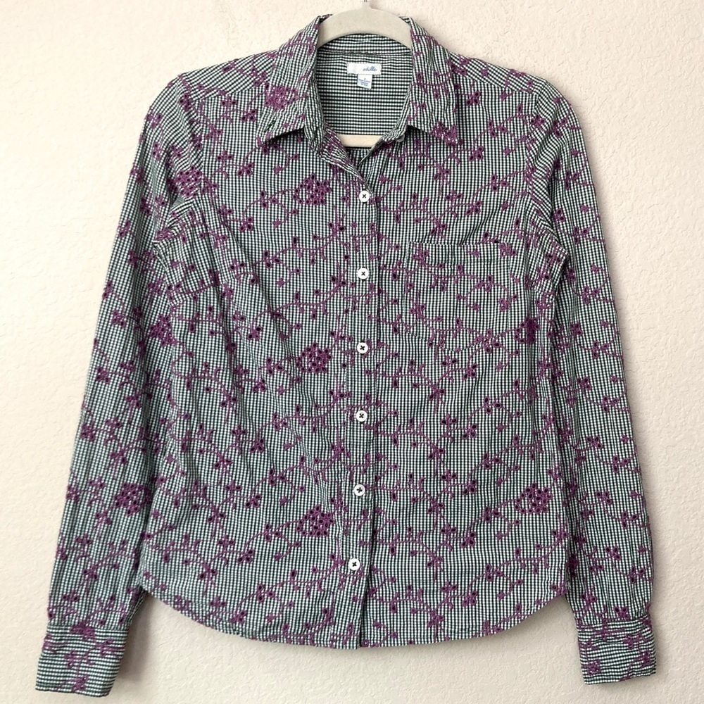Anthropologie Gingham Embroidered Floral Eyelet Button Down Shirt Top by Odille